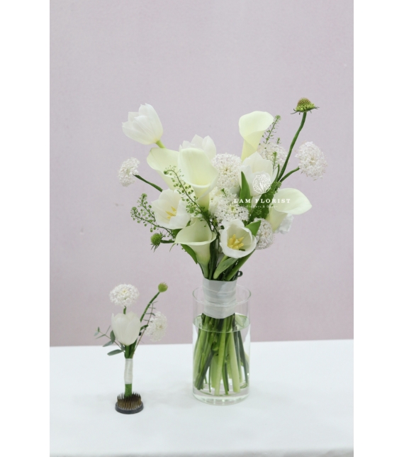 Bó Hoa Cô Dâu tone trắng - Calla Lily, Tulip, Thuý Châu